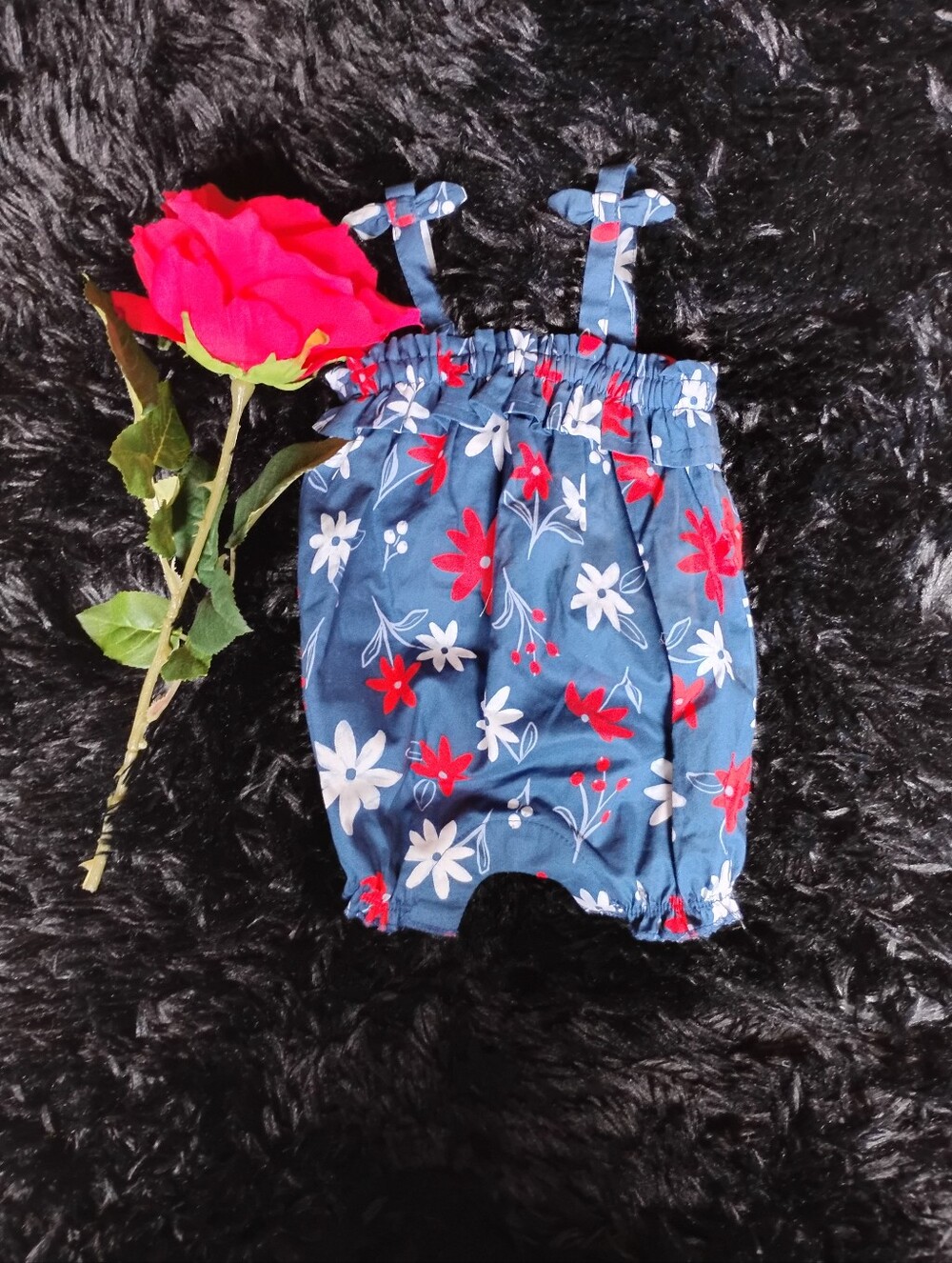 Carter's Blue Floral Romper with Red & White Flowers (NB)